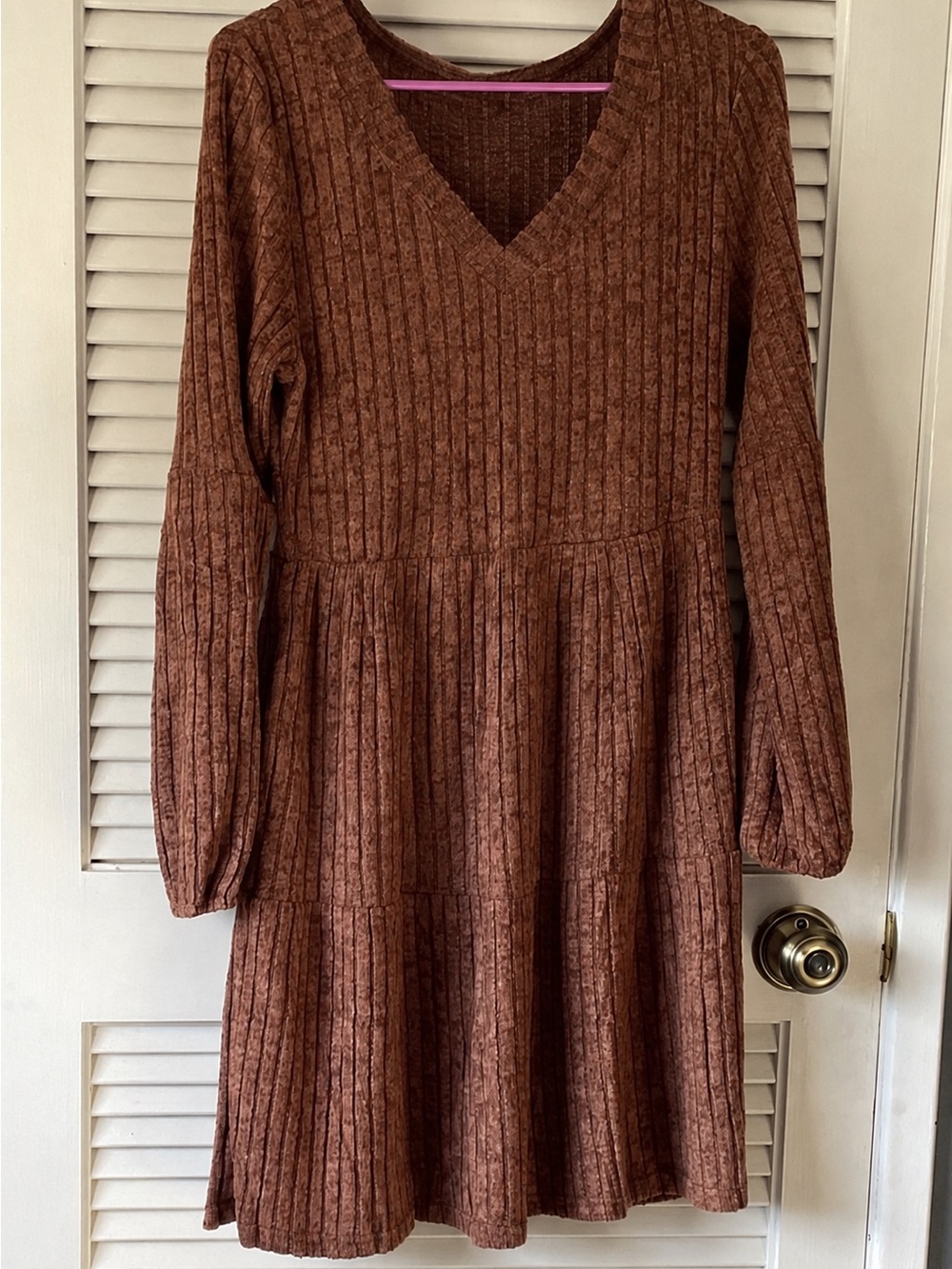 Long Sleeve V-Neck Dress - Brown/ Rust